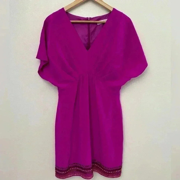 100% Silk Beaded Trim Fuchsia Ruffle V-neck dress Size XS Trina Turk vintage - Picture 3 of 7